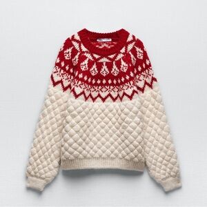 Zara Oversized Knit Jacquard Sweater Ivory Red Size Medium